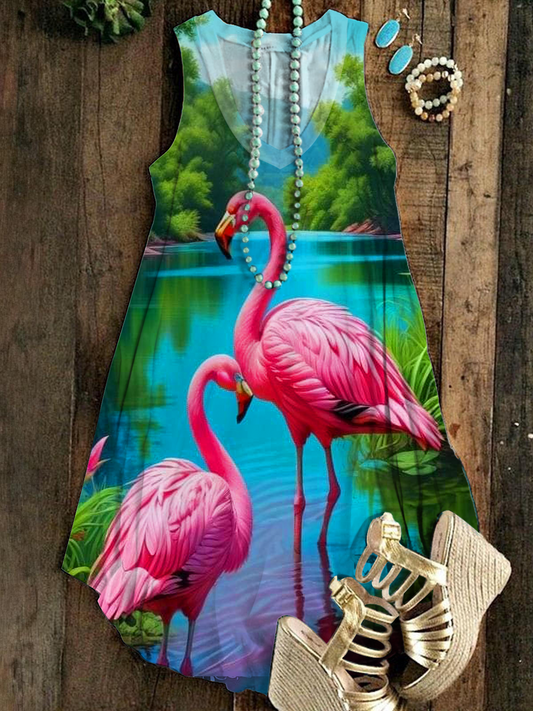 Flamingo And Tropical Leaves Sleeveless V Neck Dress