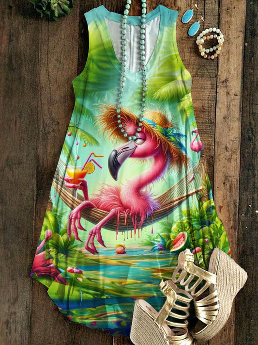 Tropical Flamingo Print Sleeveless V Neck Dress