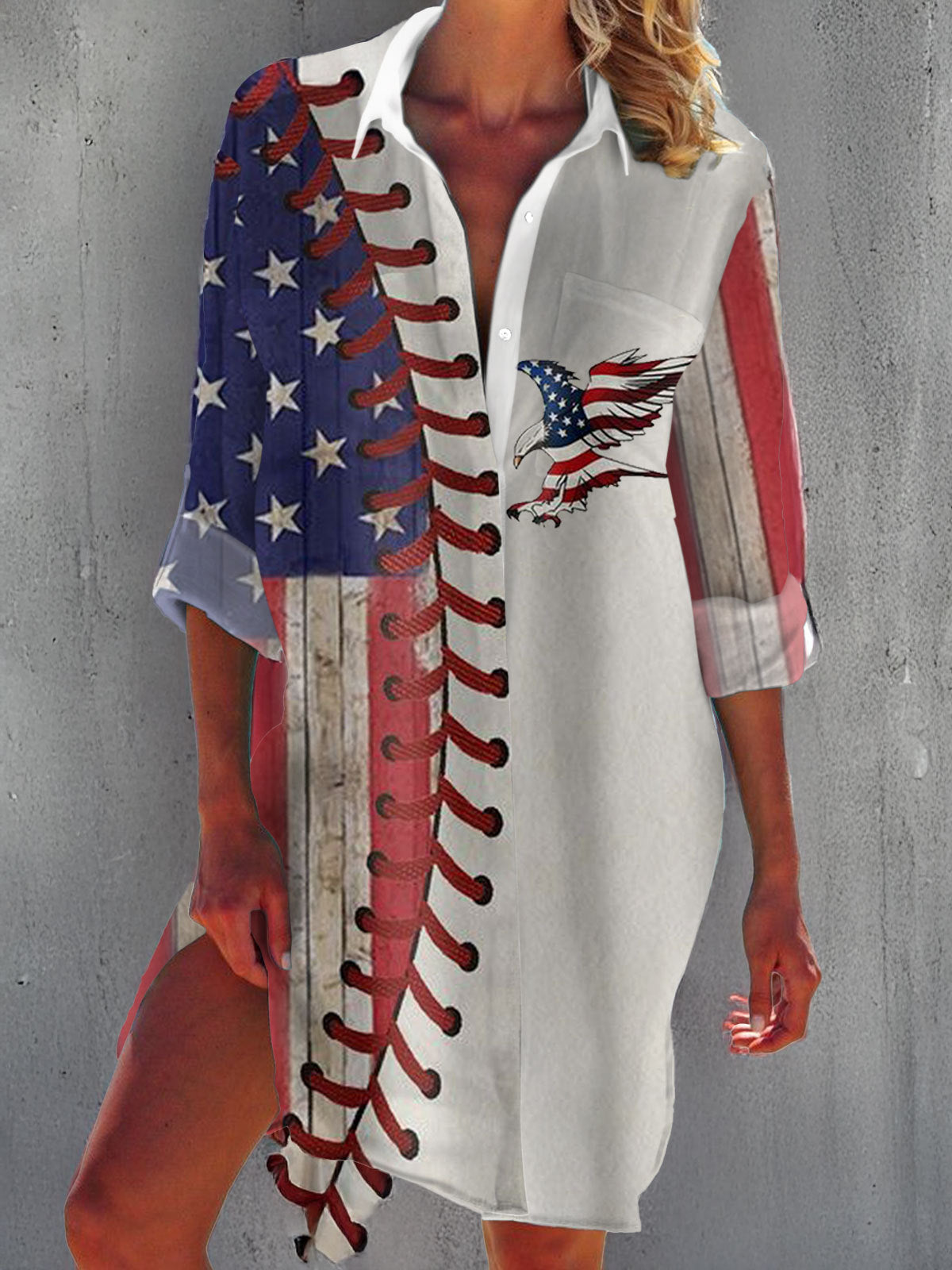 American Flag Baseball Long Sleeve Shirt Dress CoreWare American Flag Baseball Long Sleeve Shirt Dress CoreWare