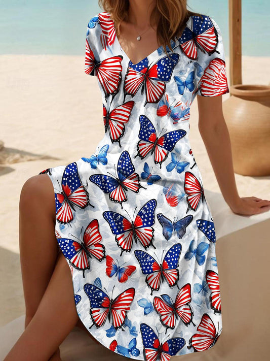 Independence Day Butterfly Print V Neck Short Sleeve Dress